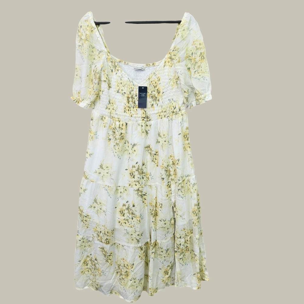 Abercrombie & Fitch Midi Dress Women XL White Yellow NWT Floral Smocked Tiered